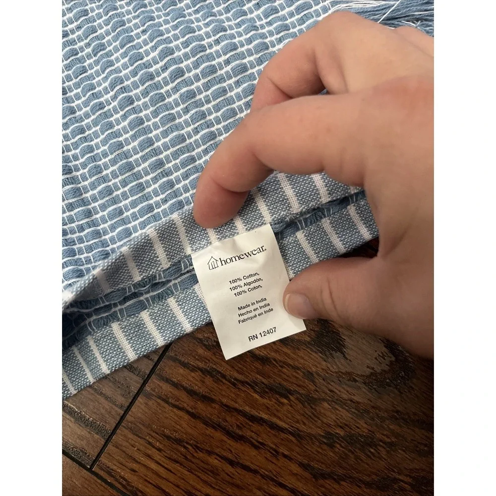 Homewear Woven Blue White Table Runner 16x80 Farmhouse Fringe Trim NWT